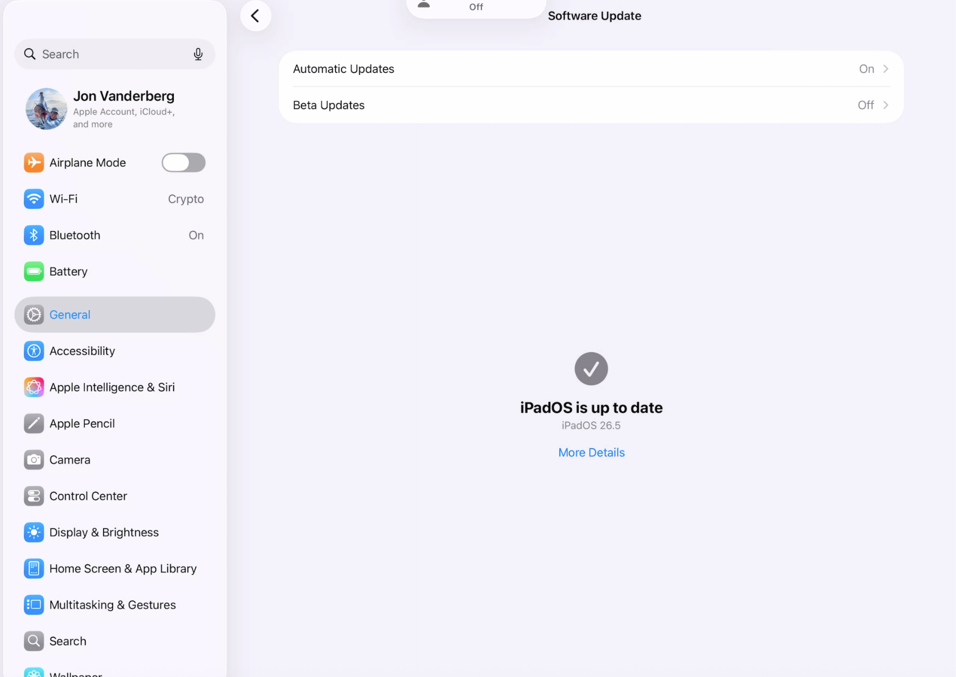 iPad Settings → General → Software Update showing iPadOS is up to date